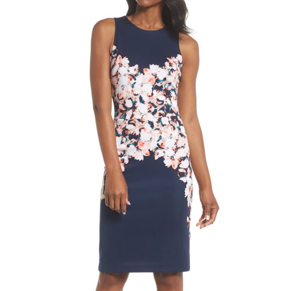 NWT Maggy London Nordstrom Navy Floral Fitted Sleeveless Midi Sheath Dress 16